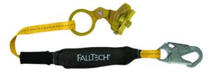 falltech 8358lt rope grab lanyard set-single leg, soft pack with hinged self-tracking rope grab, and 1 snap hook for 5/8" rope, yellow/black