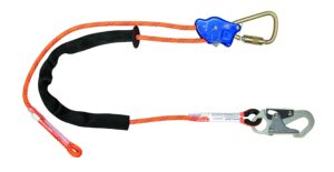 falltech 8165b65 towerclimber adjustable rope positioning lanyard, aluminum auto-locking rope adjuster, steel carabiner/snap hook, 65', orange