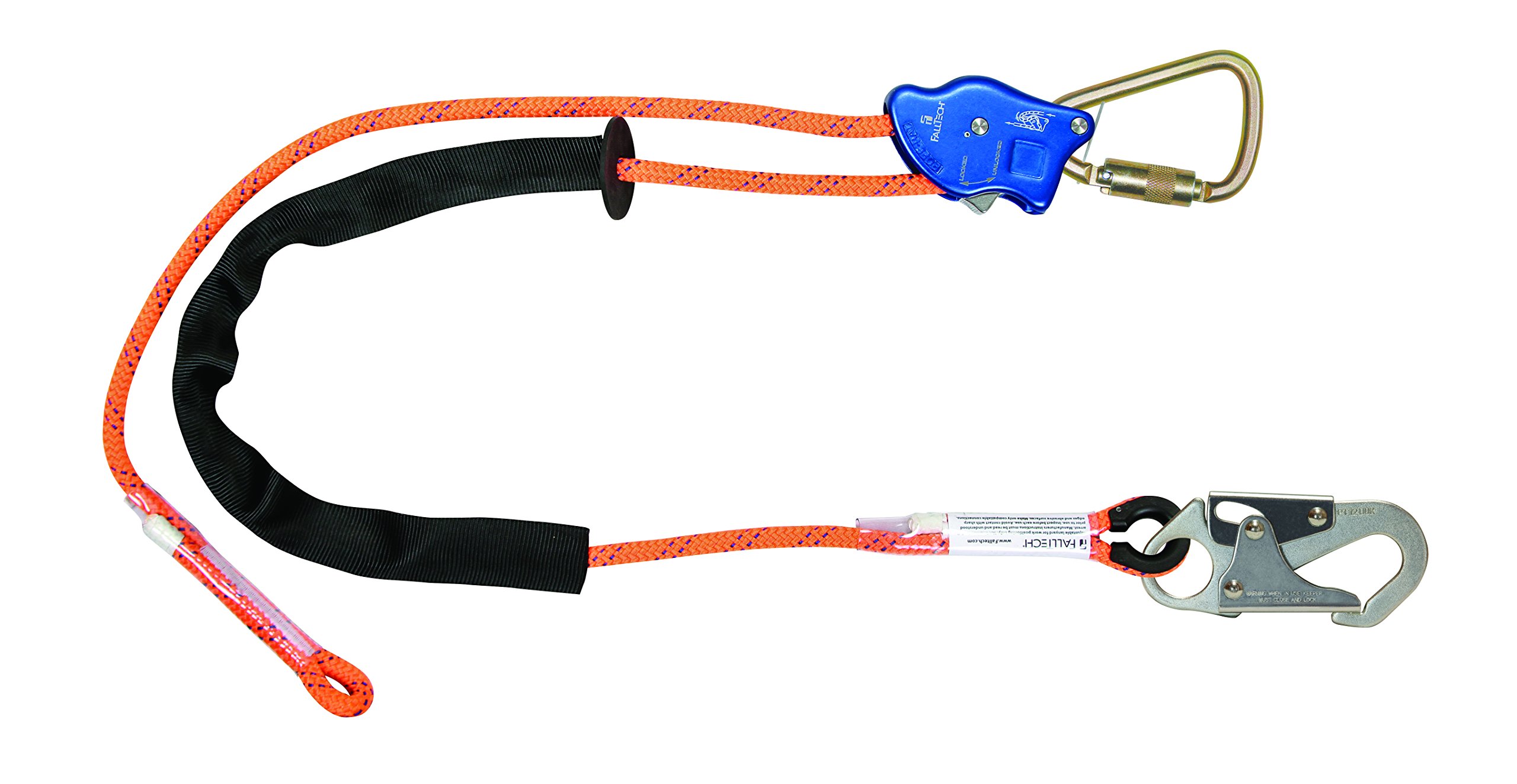 FallTech 8165B65 TowerClimber Adjustable Rope Positioning Lanyard, Aluminum Auto-Locking Rope Adjuster, Steel Carabiner/Snap Hook, 65', Orange