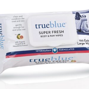 TrueBlue Super Fresh Body and Paw Wipes for Dogs and Puppies - Clean Dirty Paws and for deodorizing - Extra Large, Non-Toxic - 8"x7" - 100 Count