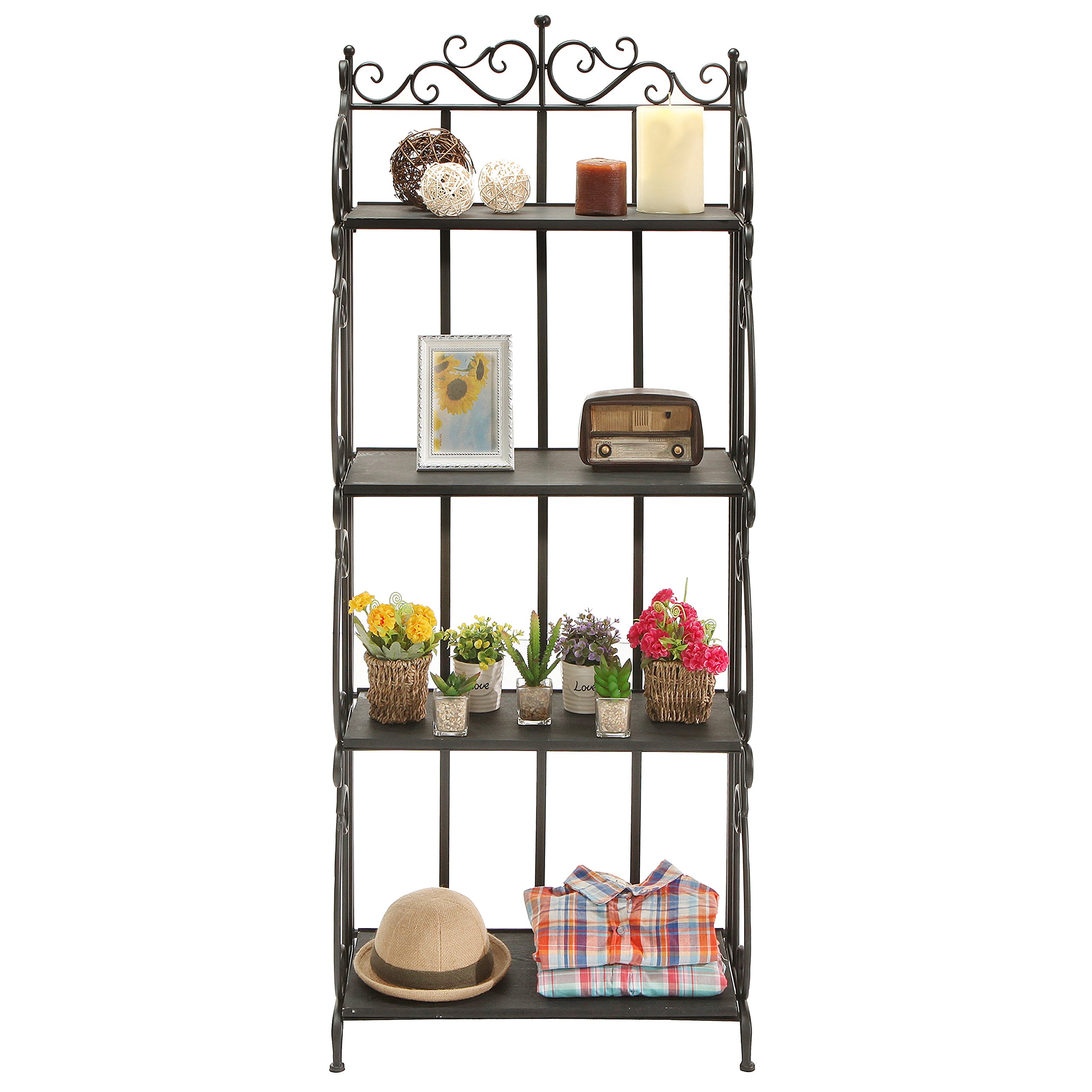 MyGift Black Metal Freestanding Shelf Rack, Decorative Bakers Rack Bookshelf Storage Shelf Unit with Metal Scrollwork Frame, Indoor Plant Pot Display Stand with 4 Wood Shelves