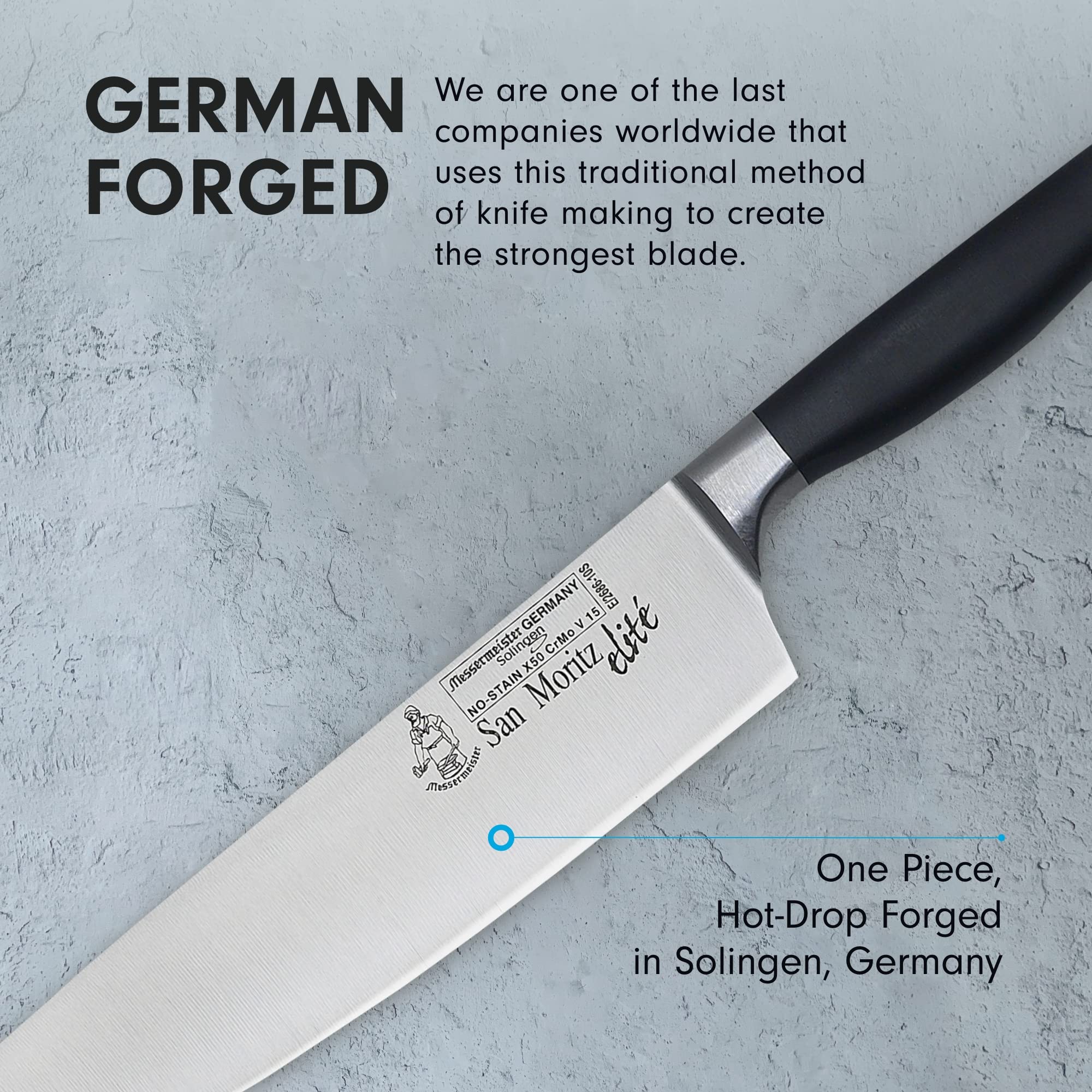 Messermeister San Moritz Elite 10” Stealth Chef’s Knife - Fine German Steel Alloy Blade - Rust Resistant & Easy to Maintain