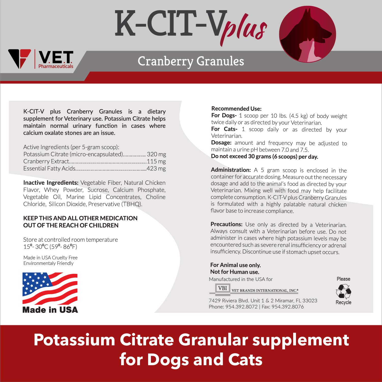 | V.E.T. PHARMACEUTICALS K CIT V Plus Cranberry Granules for Dogs and Cats - 300 gm Urinary pH Support