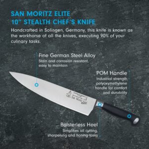 Messermeister San Moritz Elite 10” Stealth Chef’s Knife - Fine German Steel Alloy Blade - Rust Resistant & Easy to Maintain