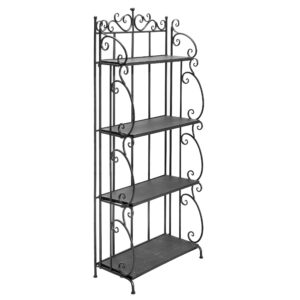 mygift black metal freestanding shelf rack, decorative bakers rack bookshelf storage shelf unit with metal scrollwork frame, indoor plant pot display stand with 4 wood shelves