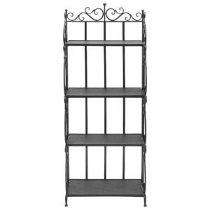 MyGift Black Metal Freestanding Shelf Rack, Decorative Bakers Rack Bookshelf Storage Shelf Unit with Metal Scrollwork Frame, Indoor Plant Pot Display Stand with 4 Wood Shelves