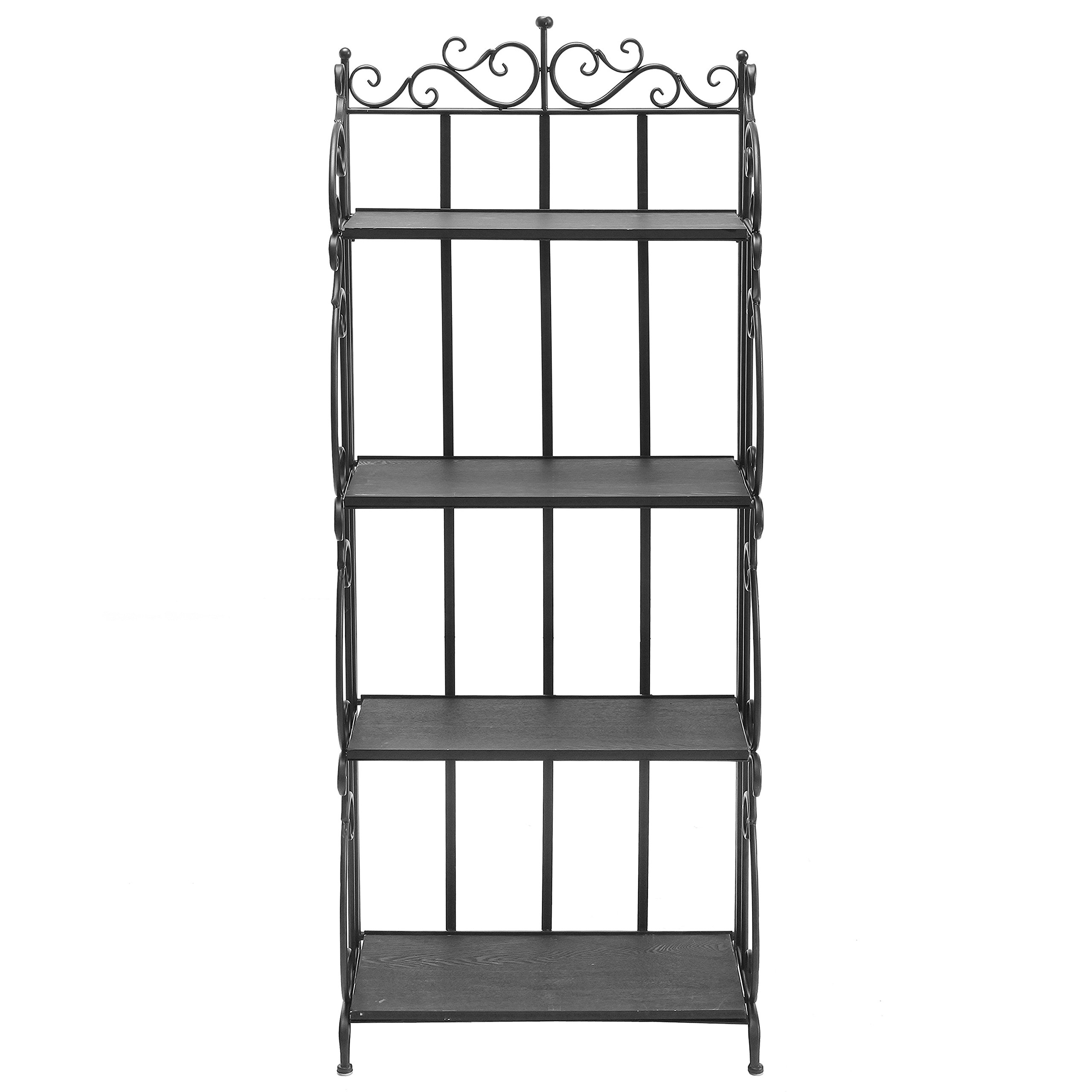 MyGift Black Metal Freestanding Shelf Rack, Decorative Bakers Rack Bookshelf Storage Shelf Unit with Metal Scrollwork Frame, Indoor Plant Pot Display Stand with 4 Wood Shelves