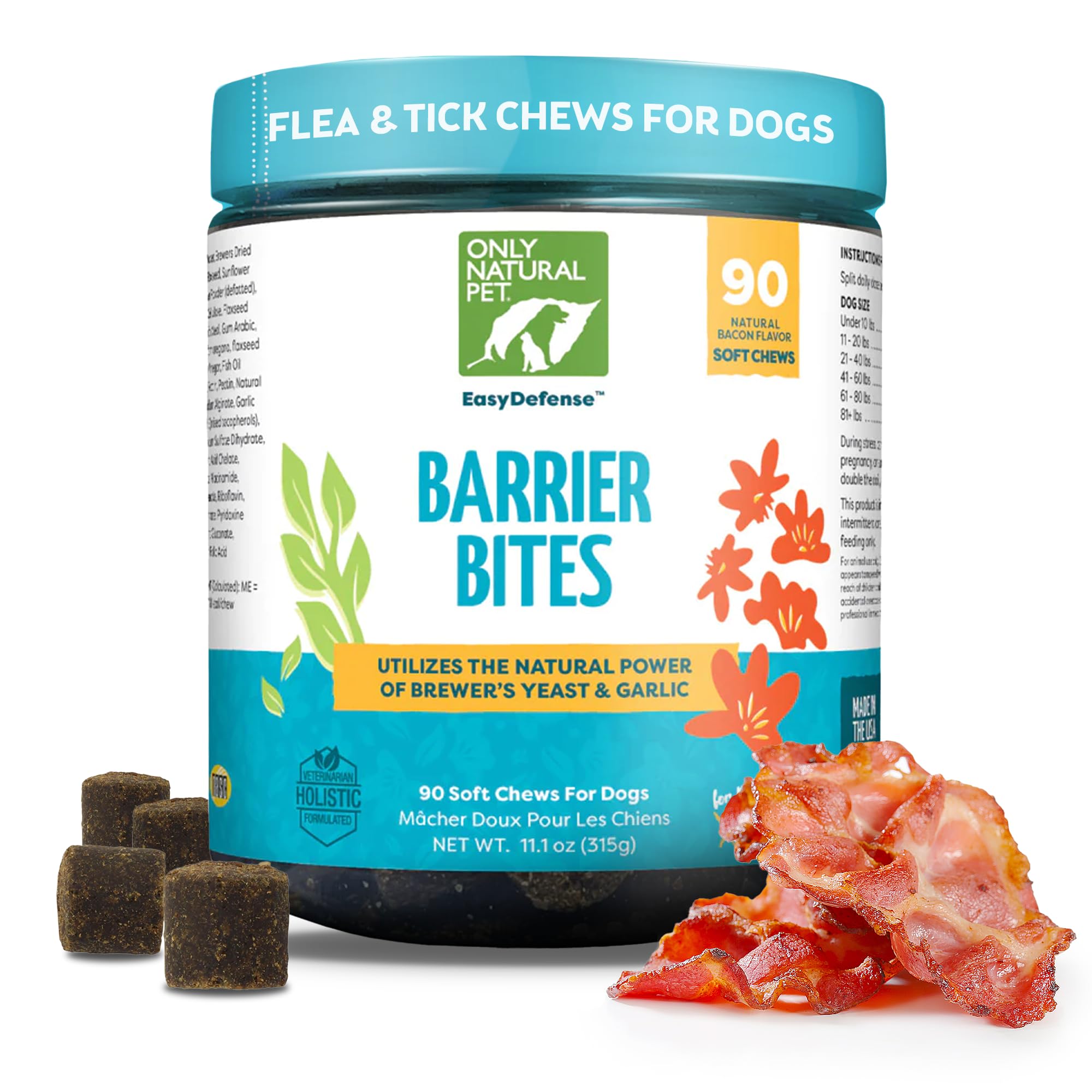 Only Natural Pet EasyDefense Barrier Bites Soft Flea Chews for Dogs - First Line of Defense Againts Fleas & Ticks, Boosts Immune System and Healthy Skin & Coat - (90 Bacon Flavored Soft Chews) 1 Pack