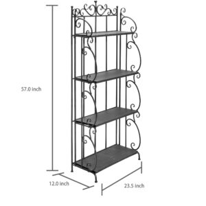 MyGift Black Metal Freestanding Shelf Rack, Decorative Bakers Rack Bookshelf Storage Shelf Unit with Metal Scrollwork Frame, Indoor Plant Pot Display Stand with 4 Wood Shelves