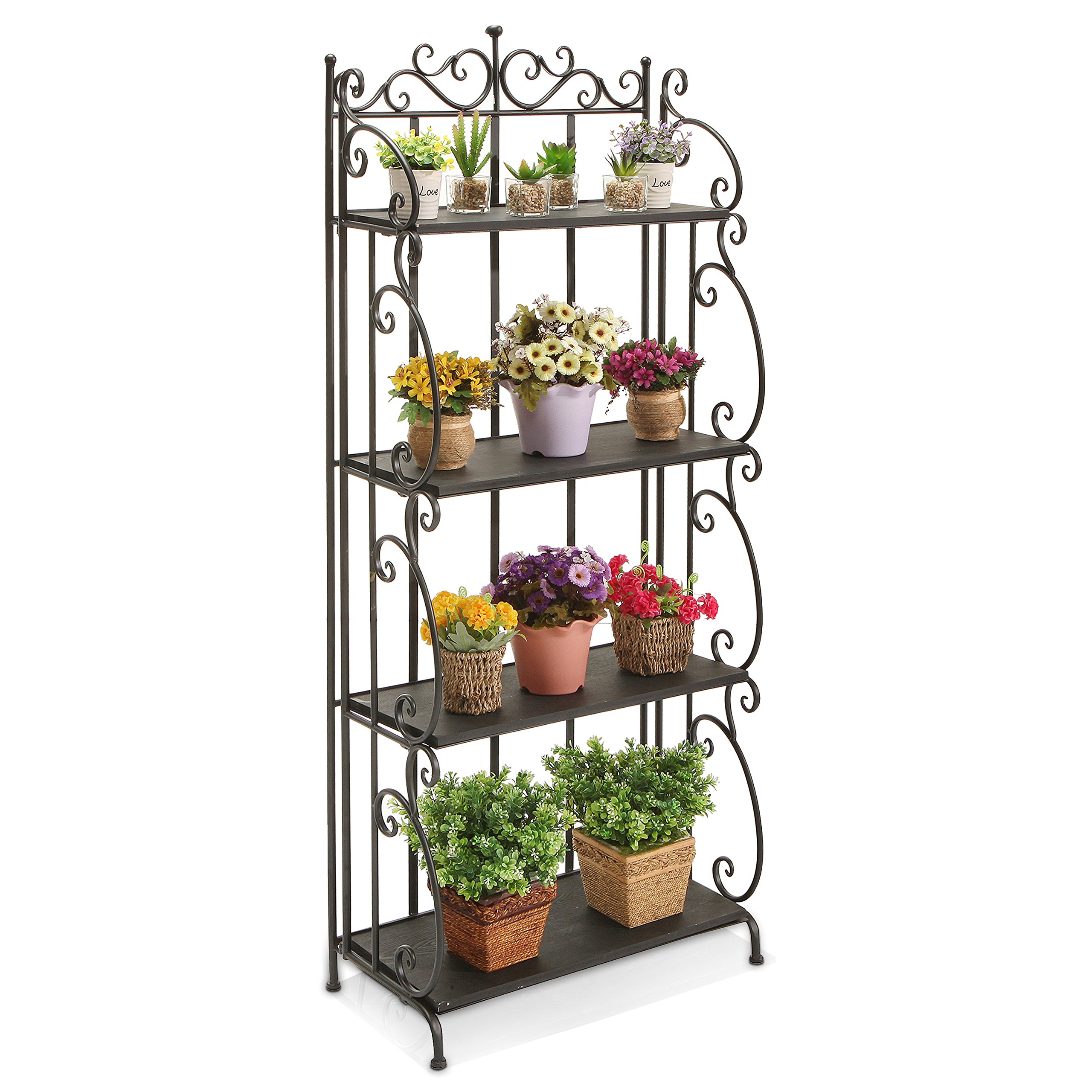 MyGift Black Metal Freestanding Shelf Rack, Decorative Bakers Rack Bookshelf Storage Shelf Unit with Metal Scrollwork Frame, Indoor Plant Pot Display Stand with 4 Wood Shelves