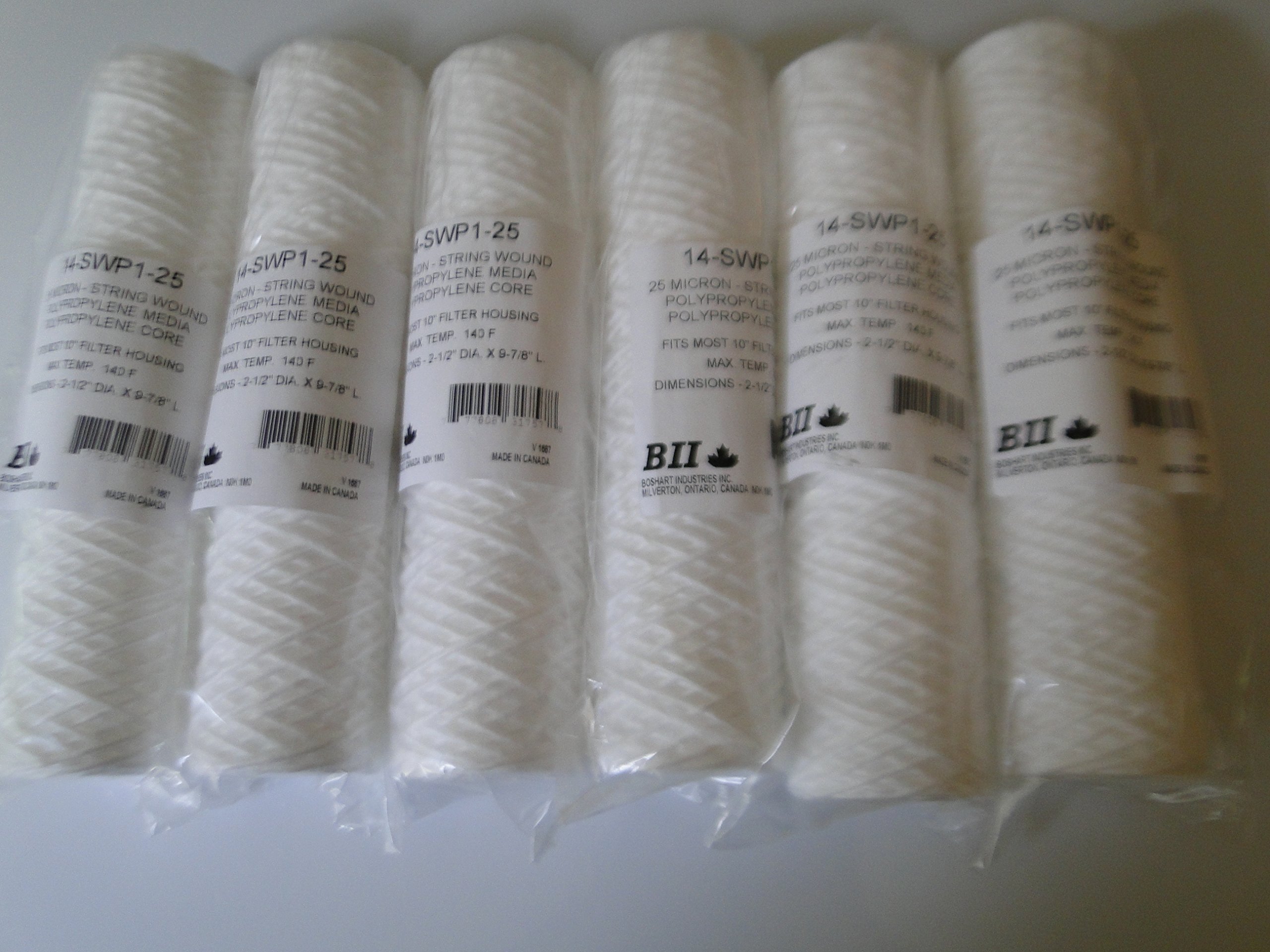 6 BOSHART 2.5" x 10" 25 MICRON STRING WOUND WATER FILTER REPLACEMENT CARTRIDGES 14-SWP1-25