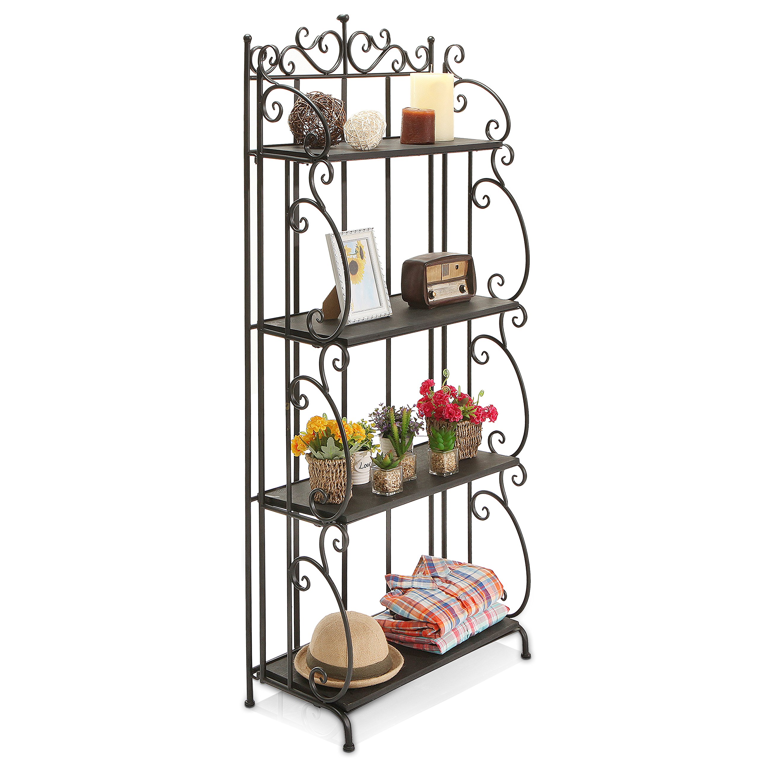 MyGift Black Metal Freestanding Shelf Rack, Decorative Bakers Rack Bookshelf Storage Shelf Unit with Metal Scrollwork Frame, Indoor Plant Pot Display Stand with 4 Wood Shelves