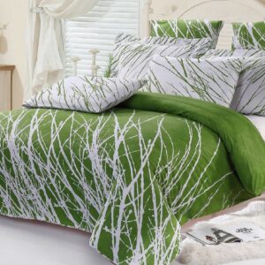 Tree 3pc 100% Cotton Duvet Cover and Two Pillow Shams (Green White, Queen)