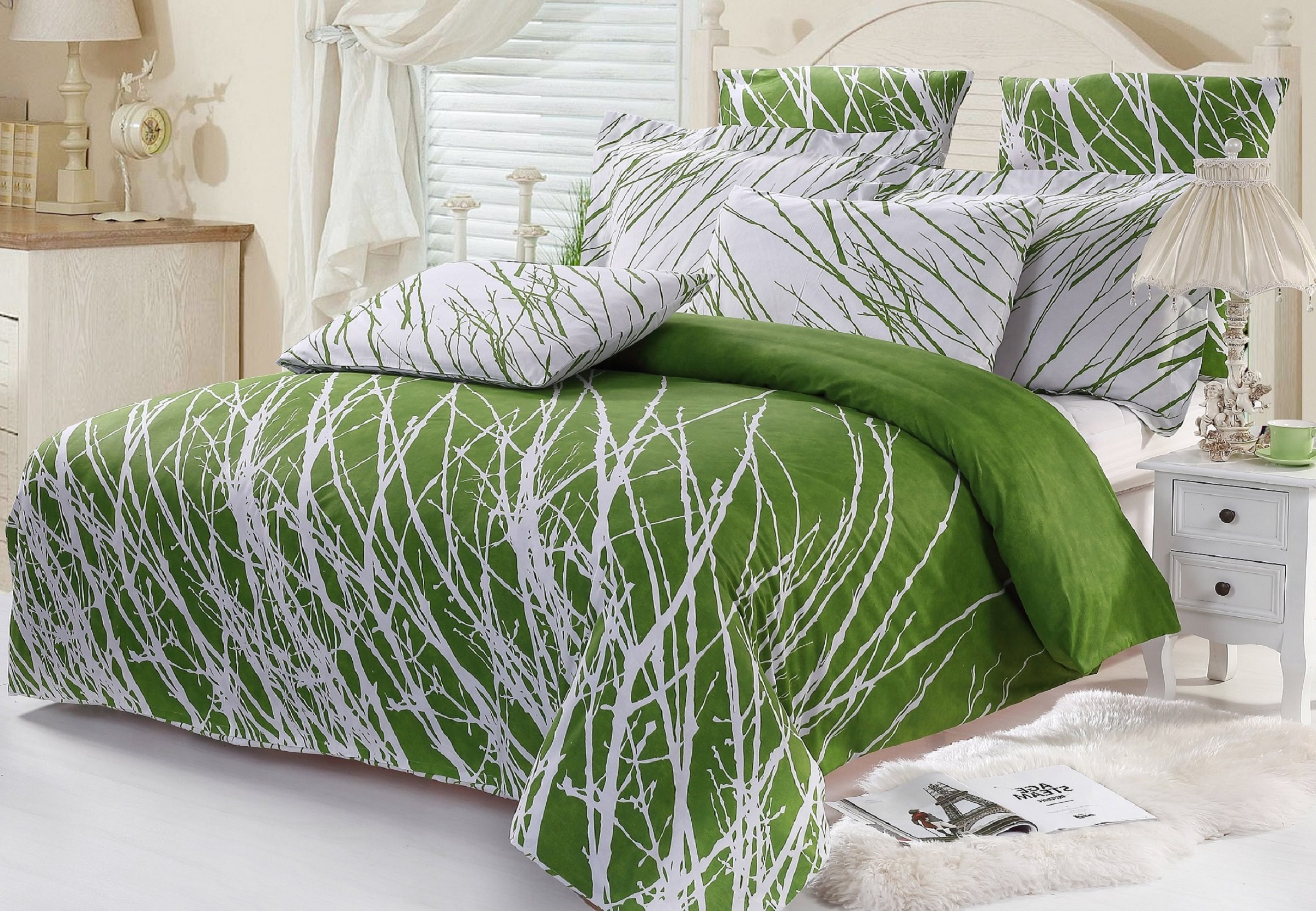 Tree 3pc 100% Cotton Duvet Cover and Two Pillow Shams (Green White, Queen)