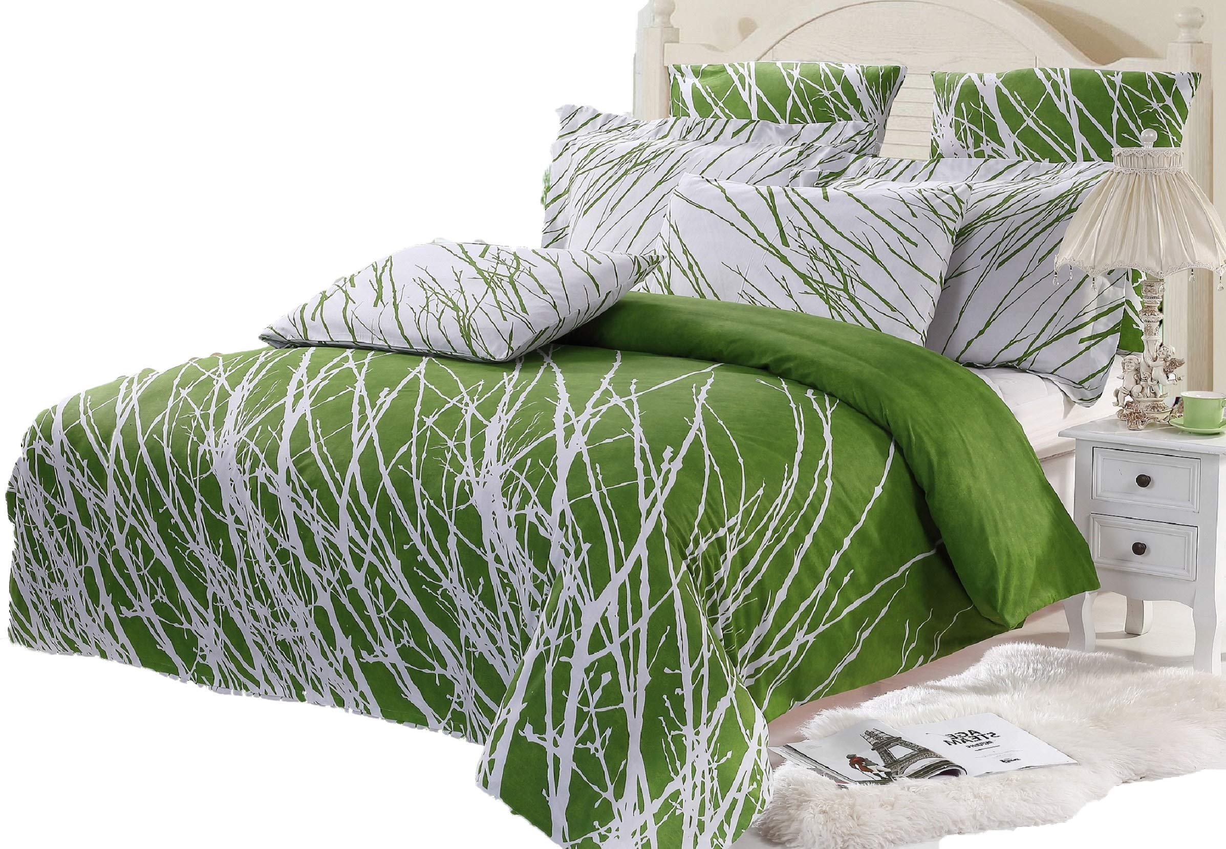 Tree 3pc 100% Cotton Duvet Cover and Two Pillow Shams (Green White, Queen)