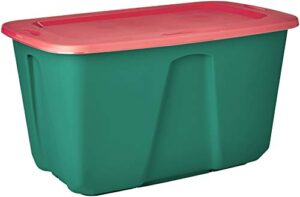 homz holiday plastic storage tote box, 32 gallon, greed with red lid, stackable