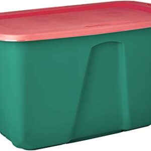 Homz Holiday Plastic Storage Tote Box, 32 Gallon, Greed With Red Lid, Stackable