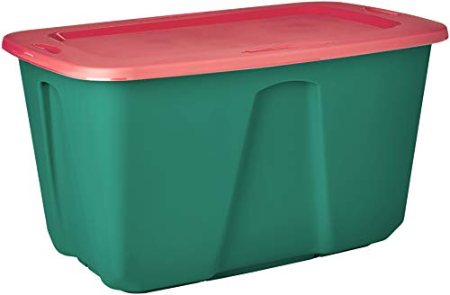 Homz Holiday Plastic Storage Tote Box, 32 Gallon, Greed With Red Lid, Stackable