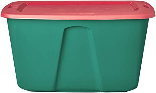 Homz Holiday Plastic Storage Tote Box, 32 Gallon, Greed With Red Lid, Stackable