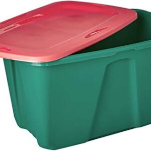 Homz Holiday Plastic Storage Tote Box, 32 Gallon, Greed With Red Lid, Stackable