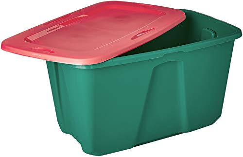 Homz Holiday Plastic Storage Tote Box, 32 Gallon, Greed With Red Lid, Stackable