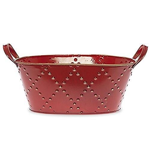 The Lucky Clover Trading Oblong Metal Embossed Basket with Ear Handles, Red Container