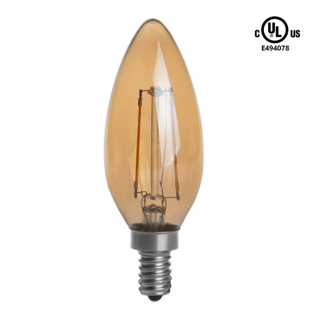 HERO-LED B10-DSGT-2W-WW22 Dimmable Gold Tint B10 E12 2W Candelabra Style LED Filament Chandelier Light Candle Bulb, 25W Equivalent, Ultra Warm White 2200K (Amber Glow), UL-Listed, 4-Pack