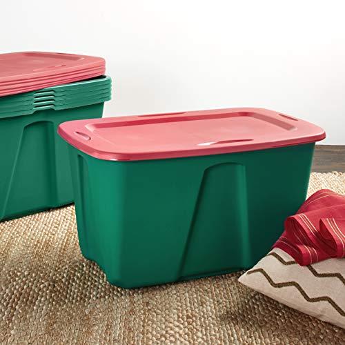 Homz Holiday Plastic Storage Tote Box, 32 Gallon, Greed With Red Lid, Stackable