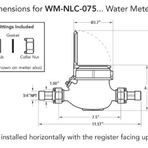 3/4” Water Meter: Lead Free Brass, NSF Certified, Multi-Jet, Cubic Feet (Horizontal Installation)