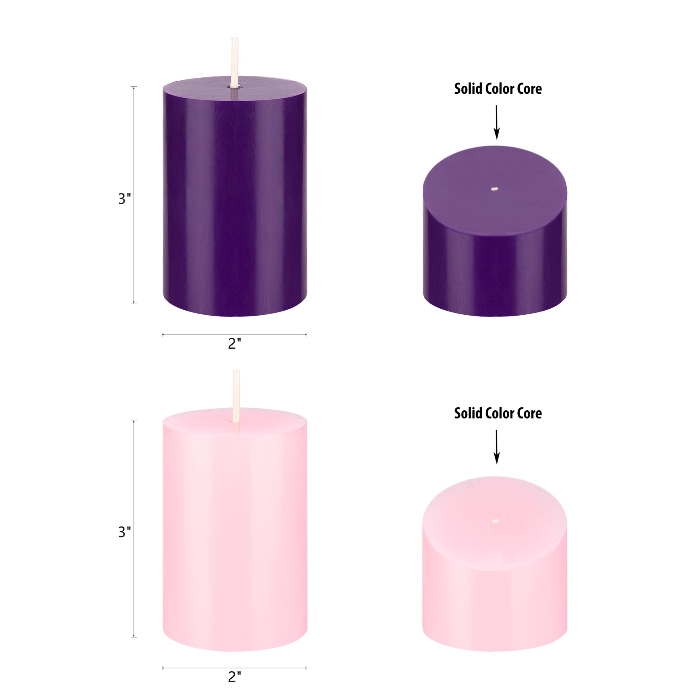 Mega Candles 4 pcs Unscented Christmas Advent Candles Set, Hand Poured Premium Wax Round Pillar Candle 2 Inch x 3 Inch, Holidays, Celebrations, Devotional, Church, Wreath, Party, Gifts