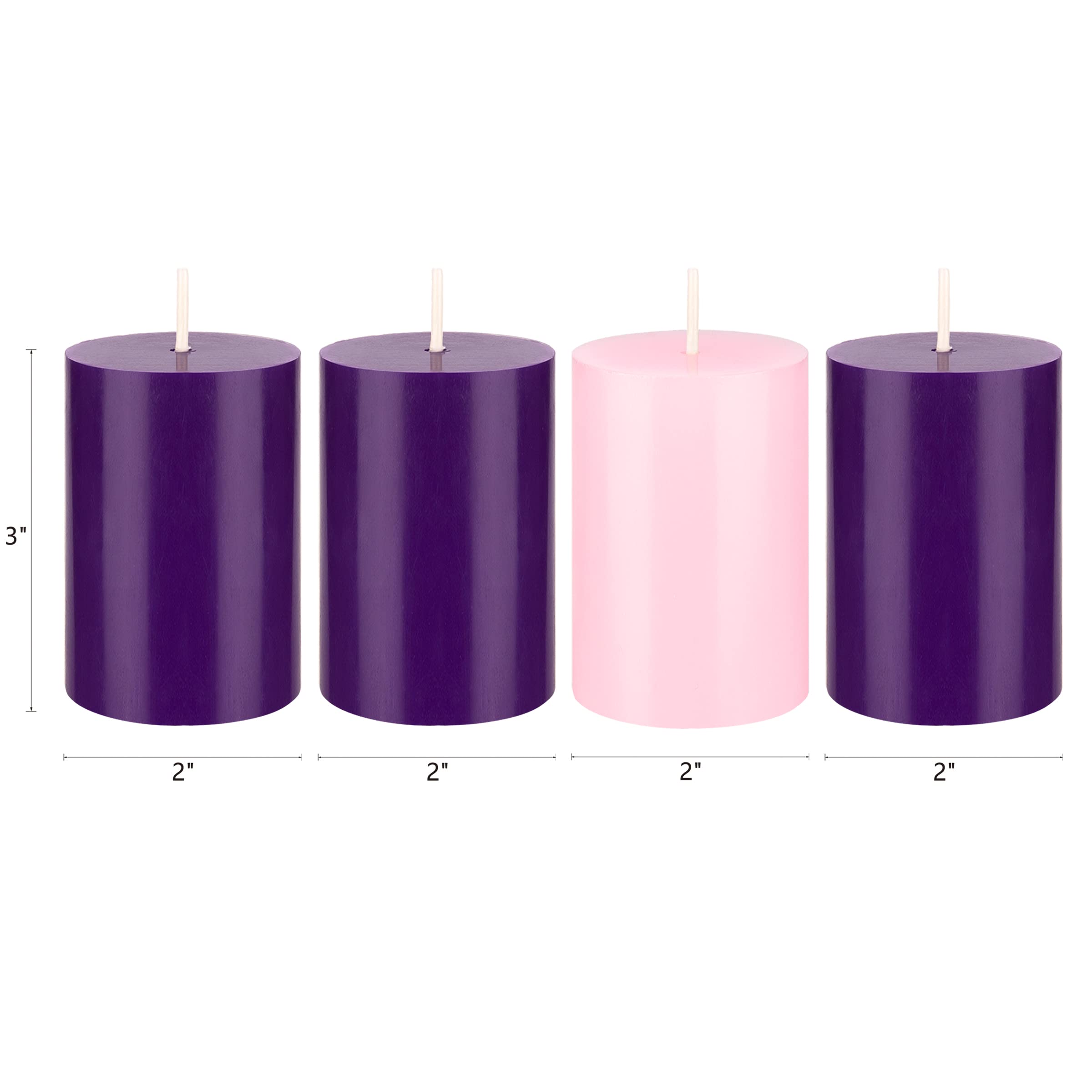 Mega Candles 4 pcs Unscented Christmas Advent Candles Set, Hand Poured Premium Wax Round Pillar Candle 2 Inch x 3 Inch, Holidays, Celebrations, Devotional, Church, Wreath, Party, Gifts