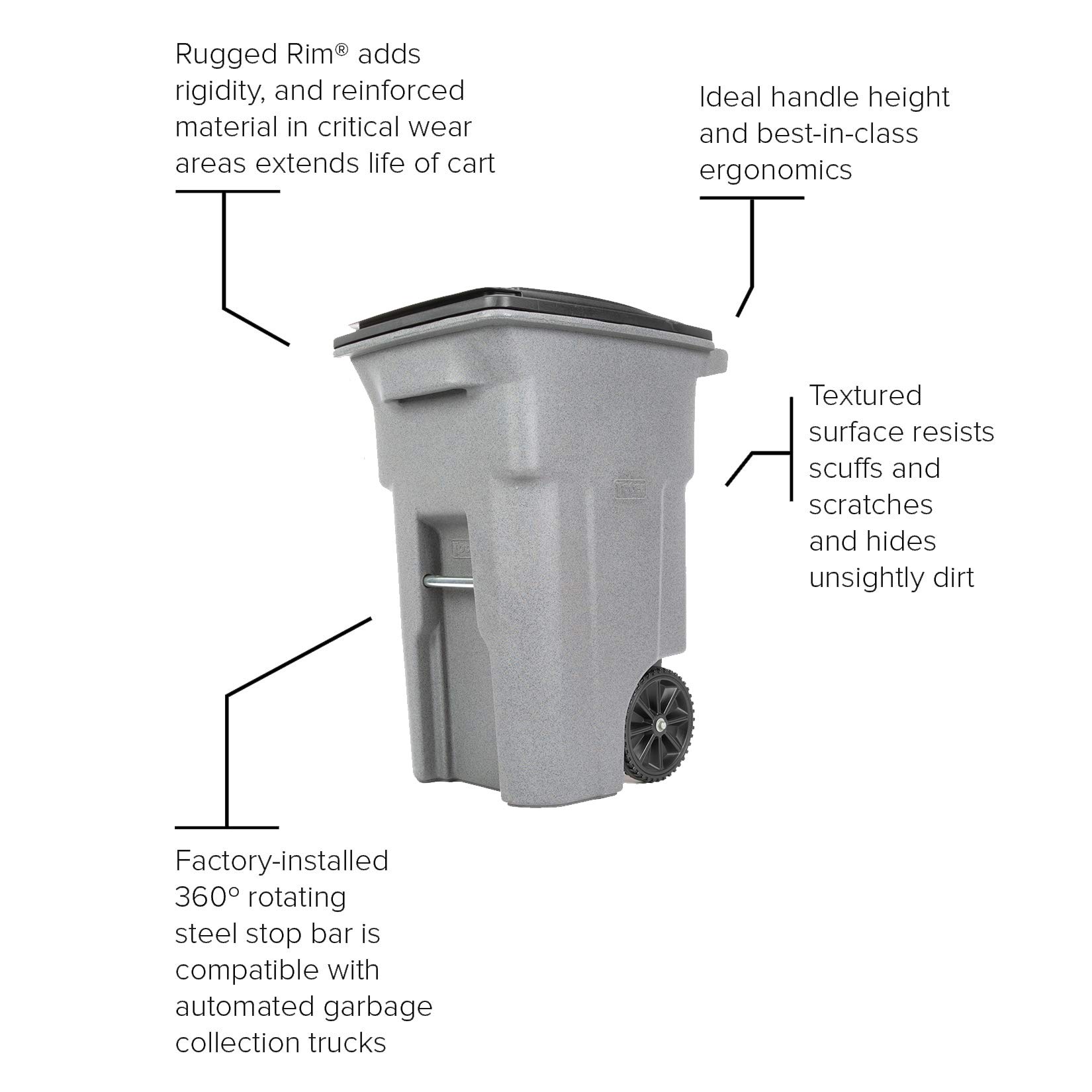 Toter 25564-R1209 Residential Heavy Duty Two Wheeled Trash Can, Blackstone, 64 Gallon