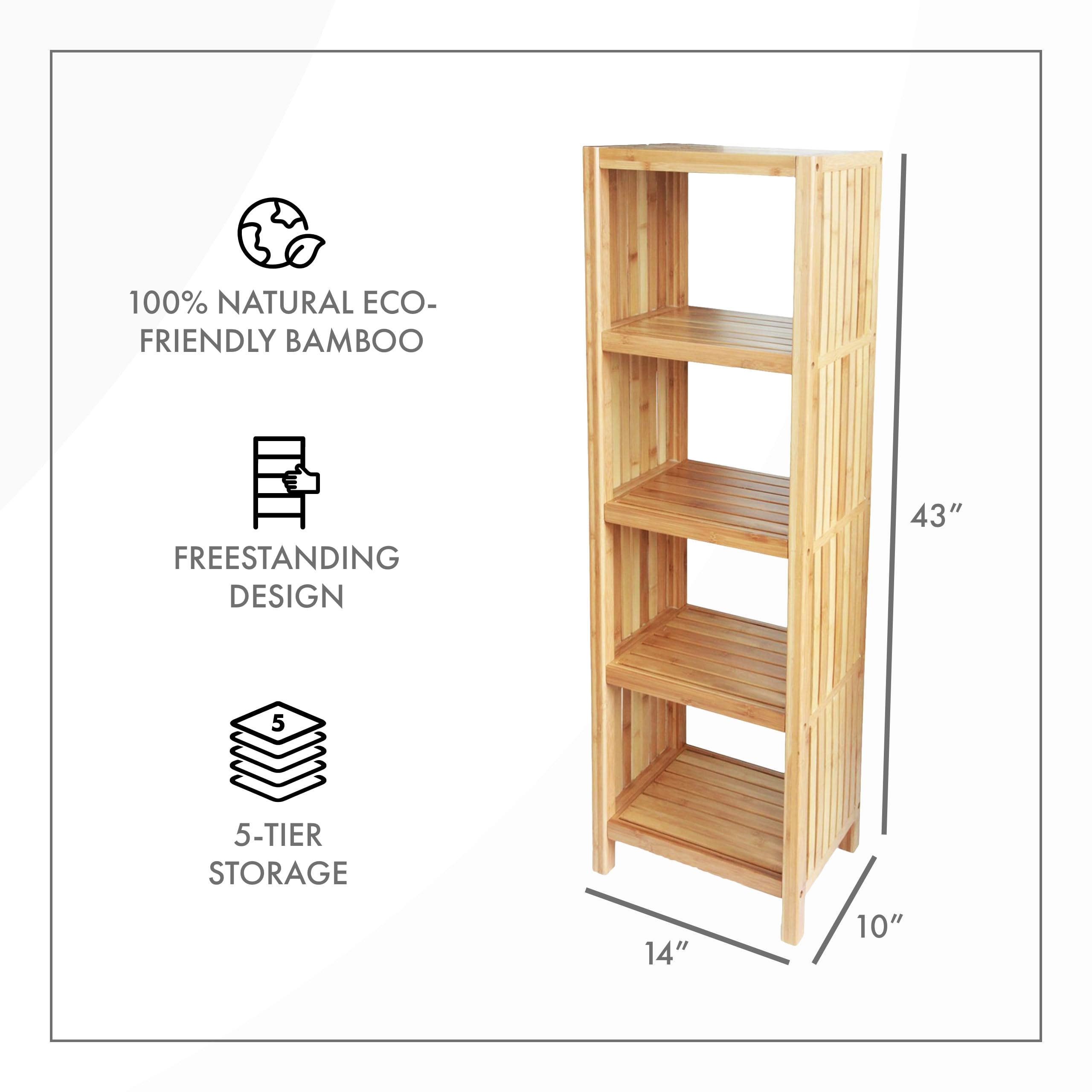 ToiletTree Products Bamboo Freestanding Organizing Shelf - Wooden Bathroom Shelf to Store Toiletries - Bamboo Shelf to Use in The Bathroom, Bedroom, and More - 5-Tier Shelf