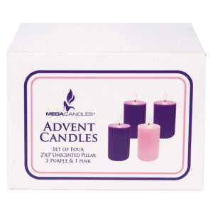 Mega Candles 4 pcs Unscented Christmas Advent Candles Set, Hand Poured Premium Wax Round Pillar Candle 2 Inch x 3 Inch, Holidays, Celebrations, Devotional, Church, Wreath, Party, Gifts