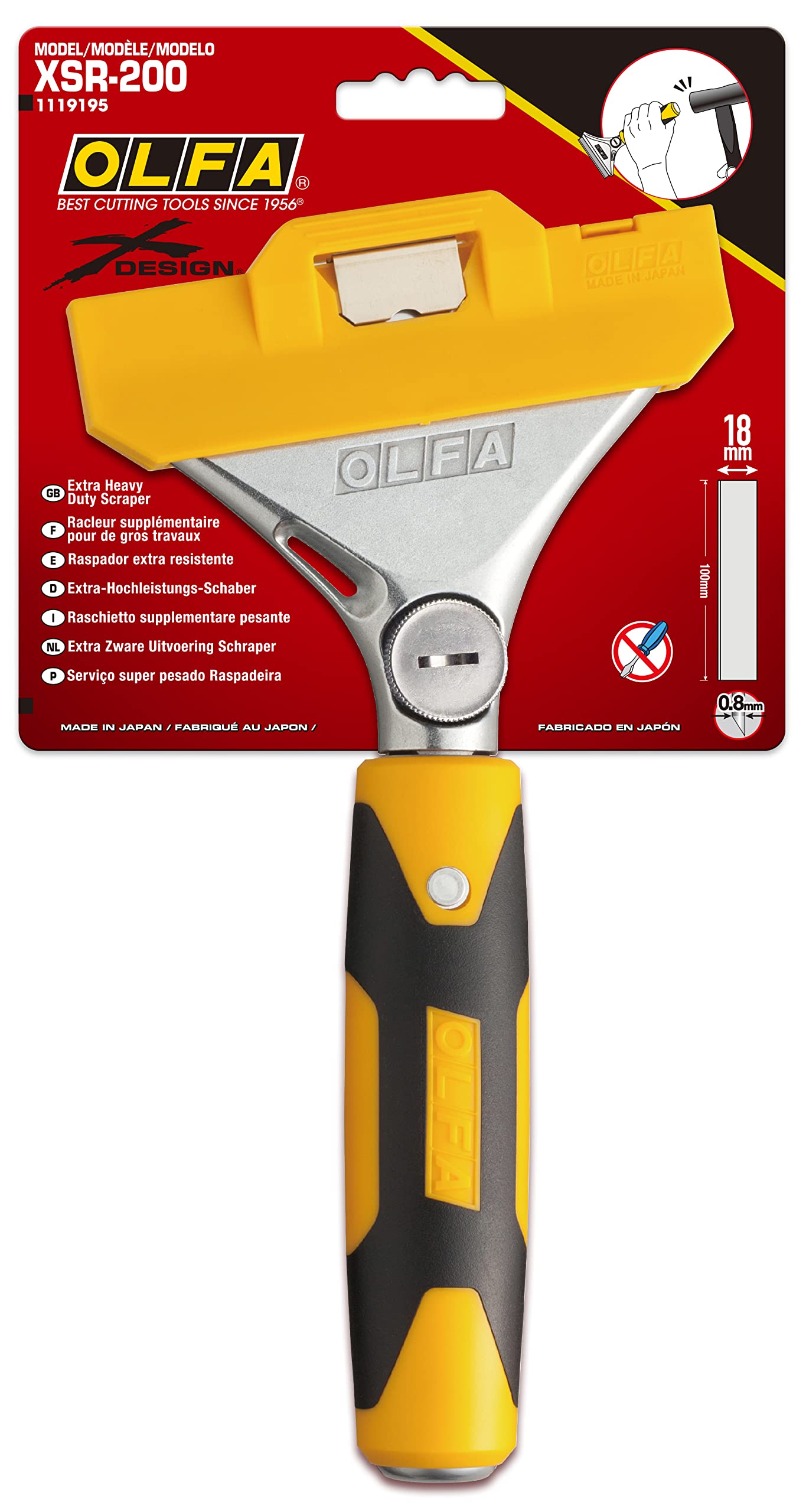 OLFA 8" Extra Heavy Duty Razor Scraper (XSR-200) - 8 Inch Steel Razor Blade Scraper Tool with Strike Tip & Non Slip Handle for Floors, Paint, Glass, Replacement Blades: OLFA BS & BSF Blades