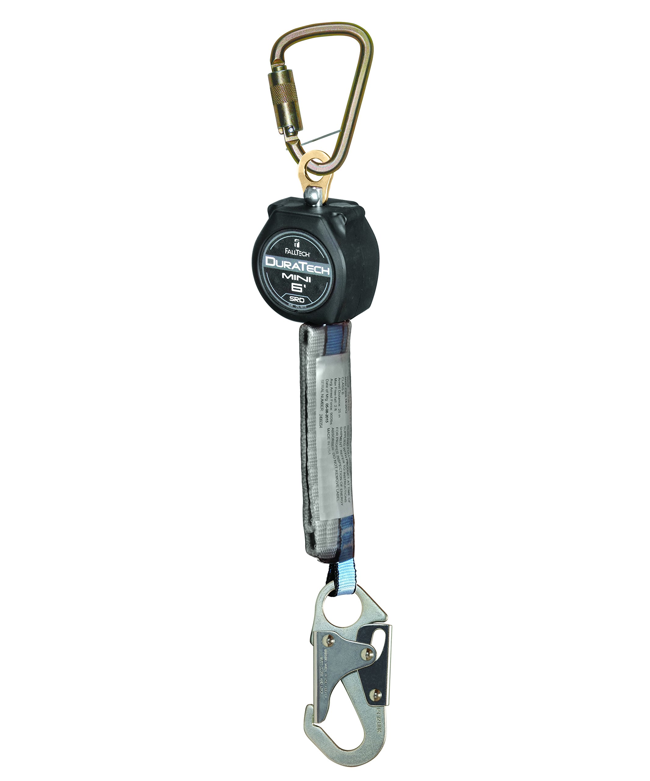 FallTech 72706SB1 MINI DuraTech 6' Compact Web Self-retracting Lifeline - 6' Mini SRD Single-Leg Steel Carabiner and Steel Snap Hook, 6', Black