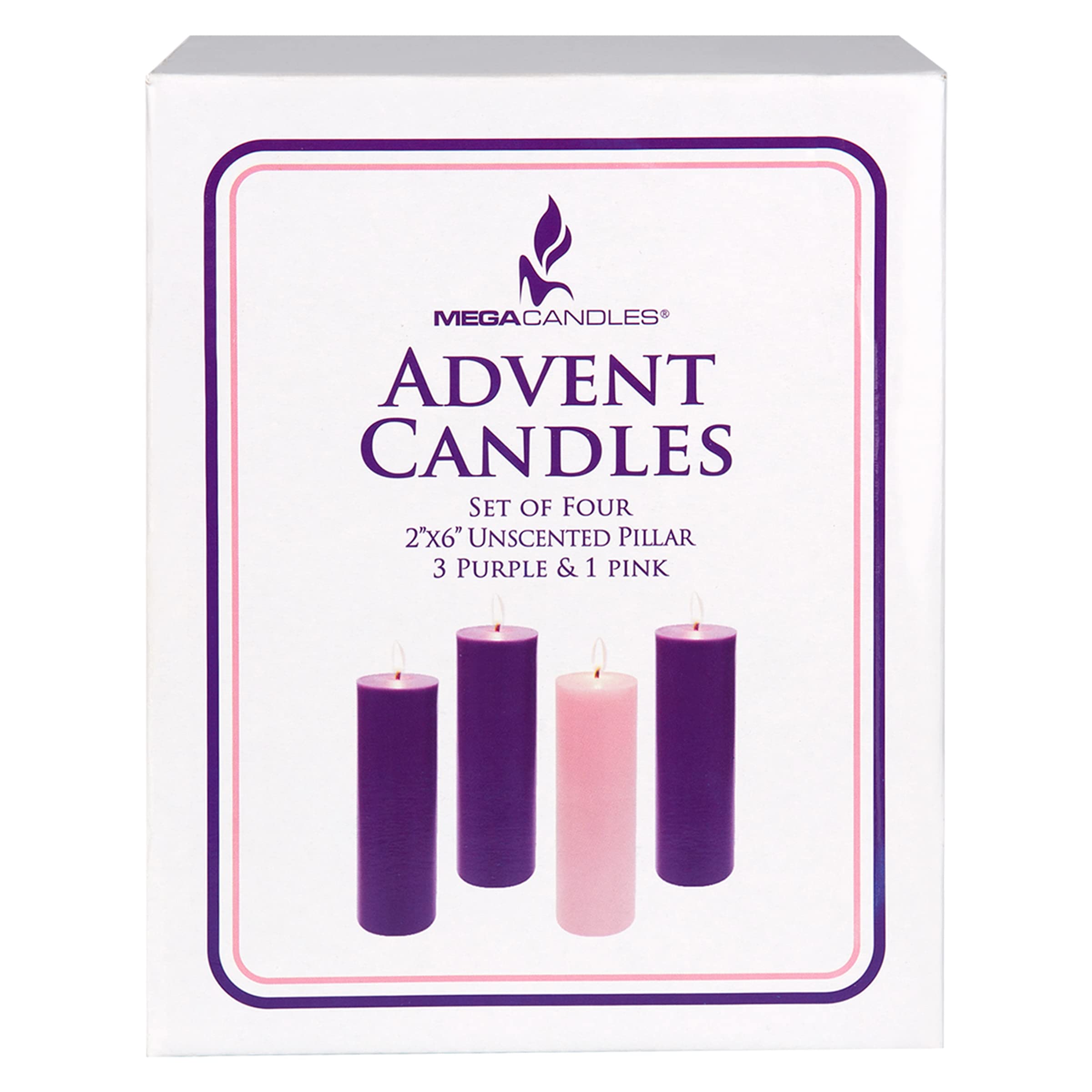 Mega Candles 4 pcs Unscented Christmas Advent Candles Set, Hand Poured Premium Wax Round Pillar Candle 2 Inch x 6 Inch, Holidays, Celebrations, Devotional, Church, Wreath, Party, Gifts