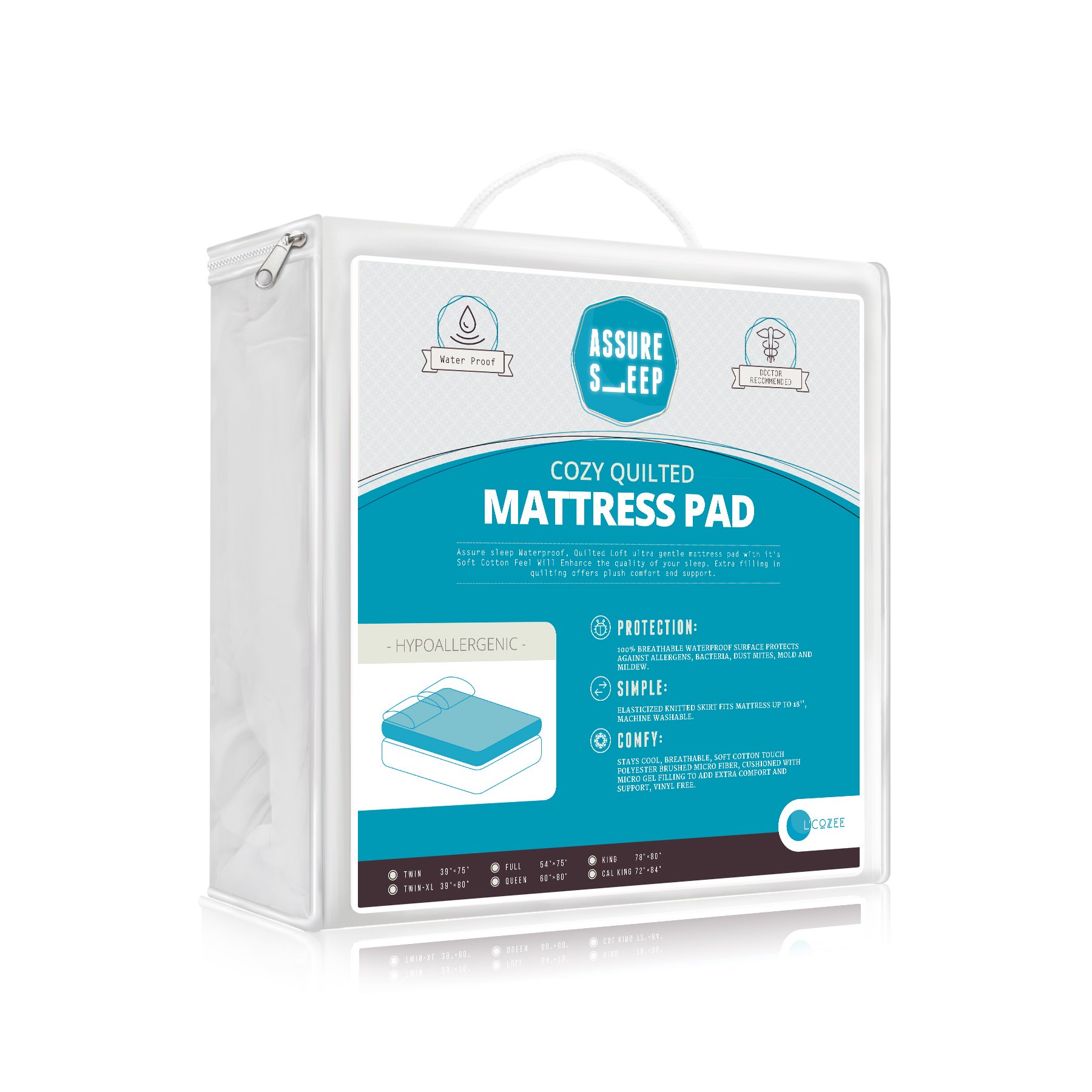 Quilted Fitted Waterproof Mattress Pad Cover - Topper, Stretches up to 18 Inches Deep, Full Size, by Assure Sleep by L’cozee