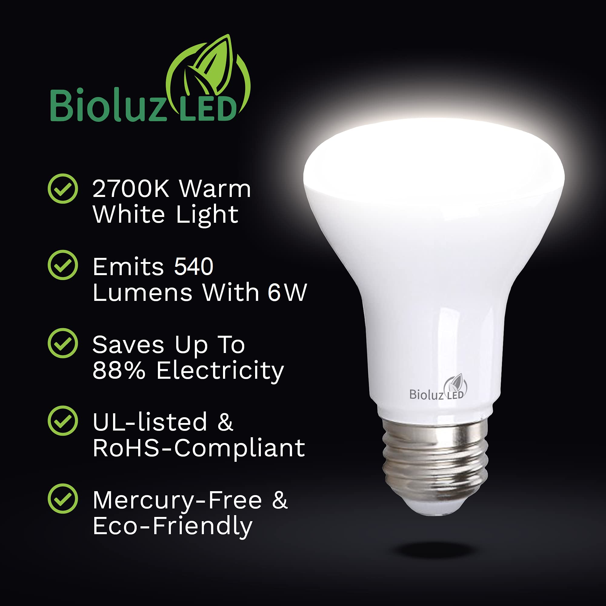 Bioluz LED 2-Pack R20 LED Light Bulbs, 6W = 50W Replacement, 2700K Bright Warm White LED Light Bulbs, 540 Lumens, 90 CRI, Dimmable, Soft White, Indoor/Outdoor, UL Listed, CEC Title 20