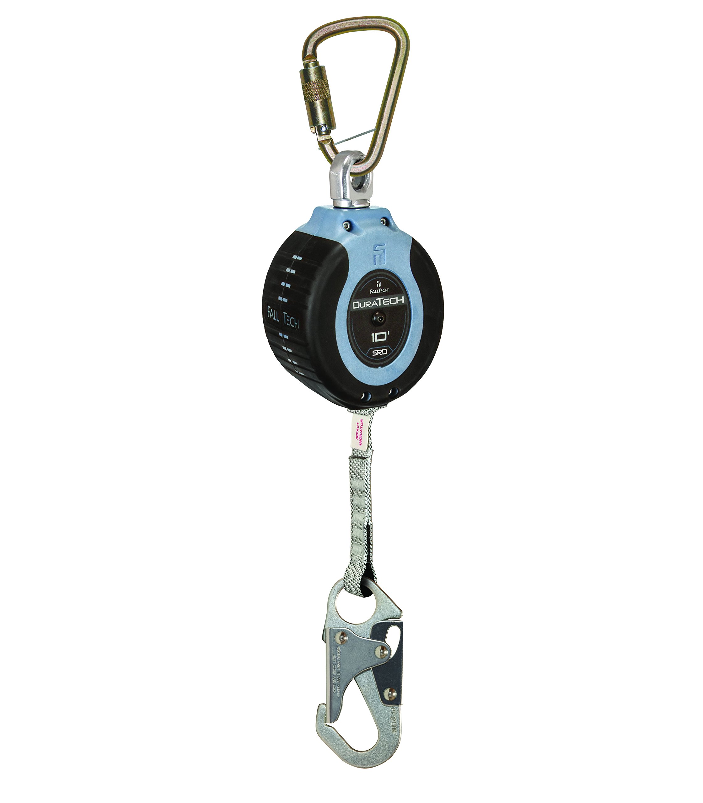 FallTech 82710SC1 DuraTech 10' Compact Web SRL - 10' Compact Web SRD, Steel Carabiner with Captive Pin, and Steel Snap Hook Leg-end Connector, 10', Blue/Black