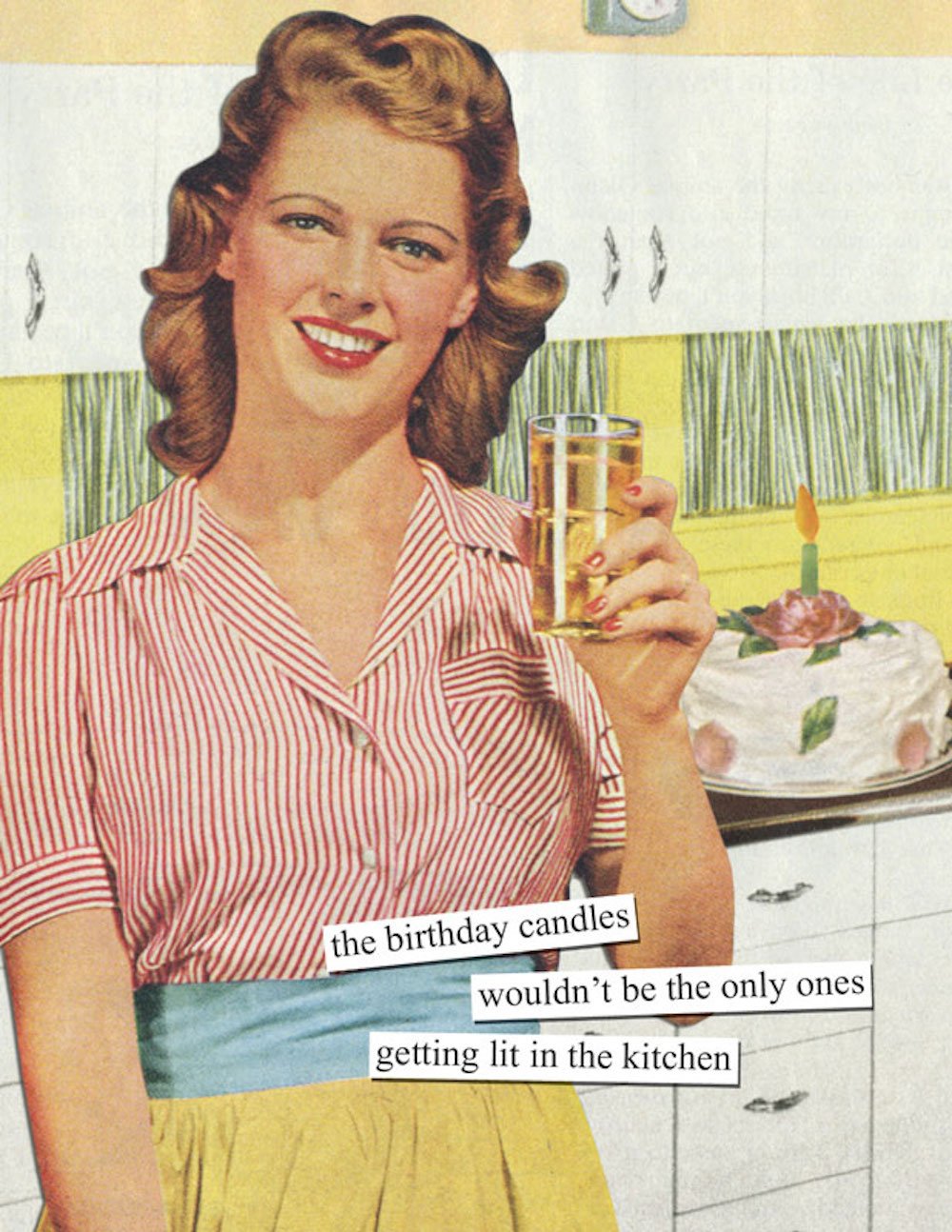 Anne Taintor Birthday Cards Funny Vintage Retro Greeting Card for Her, 4.25" x 5.5", Getting Lit in the Kitchen