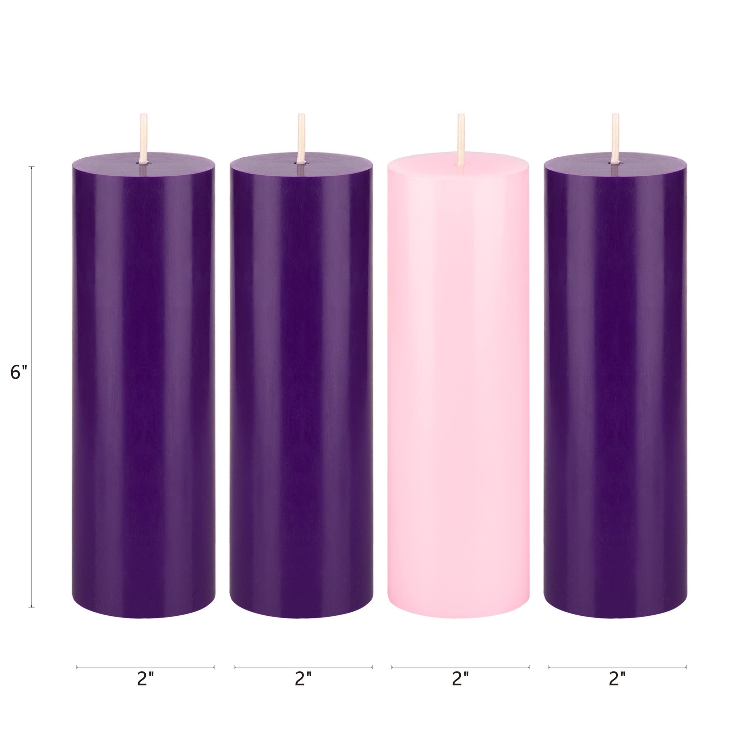 Mega Candles 4 pcs Unscented Christmas Advent Candles Set, Hand Poured Premium Wax Round Pillar Candle 2 Inch x 6 Inch, Holidays, Celebrations, Devotional, Church, Wreath, Party, Gifts