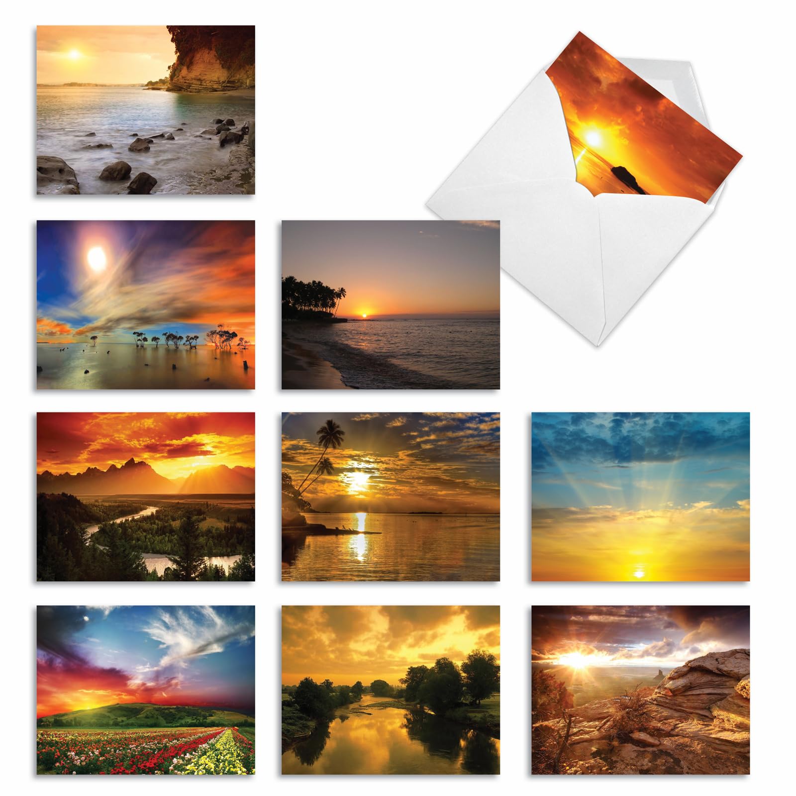 The Best Card Company 10 Assorted Nature Thank You Notecards Box Set 4 x 5.12 Inch with Envelopes (10 Designs, 1 Each) Sun Settings M1740TY