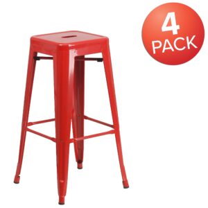 Flash Furniture Lily 4 Pack Commercial Grade 30" High Backless Red Metal Indoor-Outdoor Barstool with Square Seat