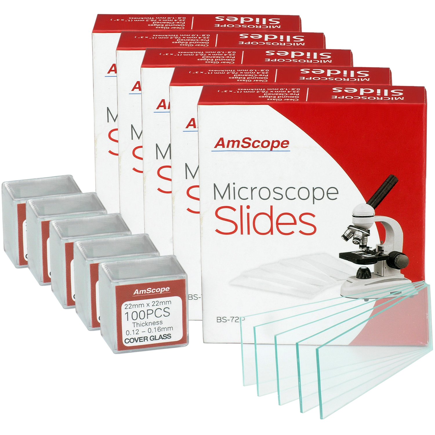 AmScope - 72 Pieces of Pre-Cleaned Blank Microscope Slides + 100 Coverslips - BS-72P-S100-22X5 - Multi-Pack (5 Count)