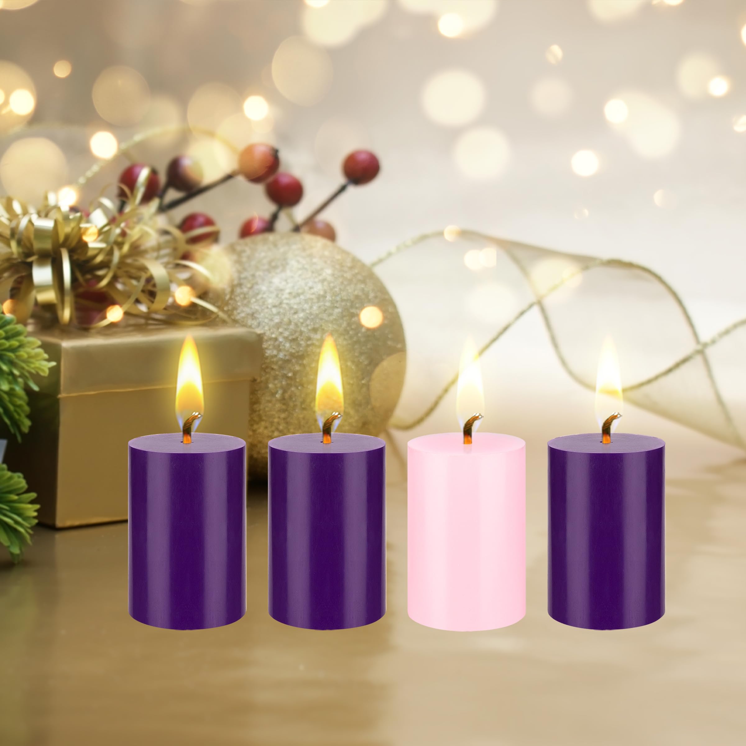 Mega Candles 4 pcs Unscented Christmas Advent Candles Set, Hand Poured Premium Wax Round Pillar Candle 2 Inch x 3 Inch, Holidays, Celebrations, Devotional, Church, Wreath, Party, Gifts