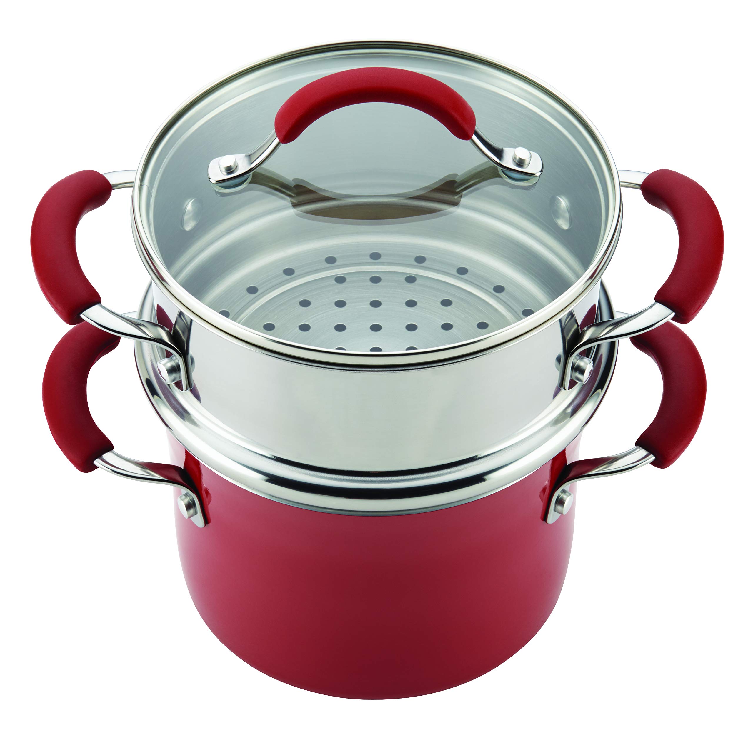 Rachael Ray Cucina Nonstick Sauce Pot/Saucepot with Steamer Insert and Lid, 3 Quart, Cranberry Red