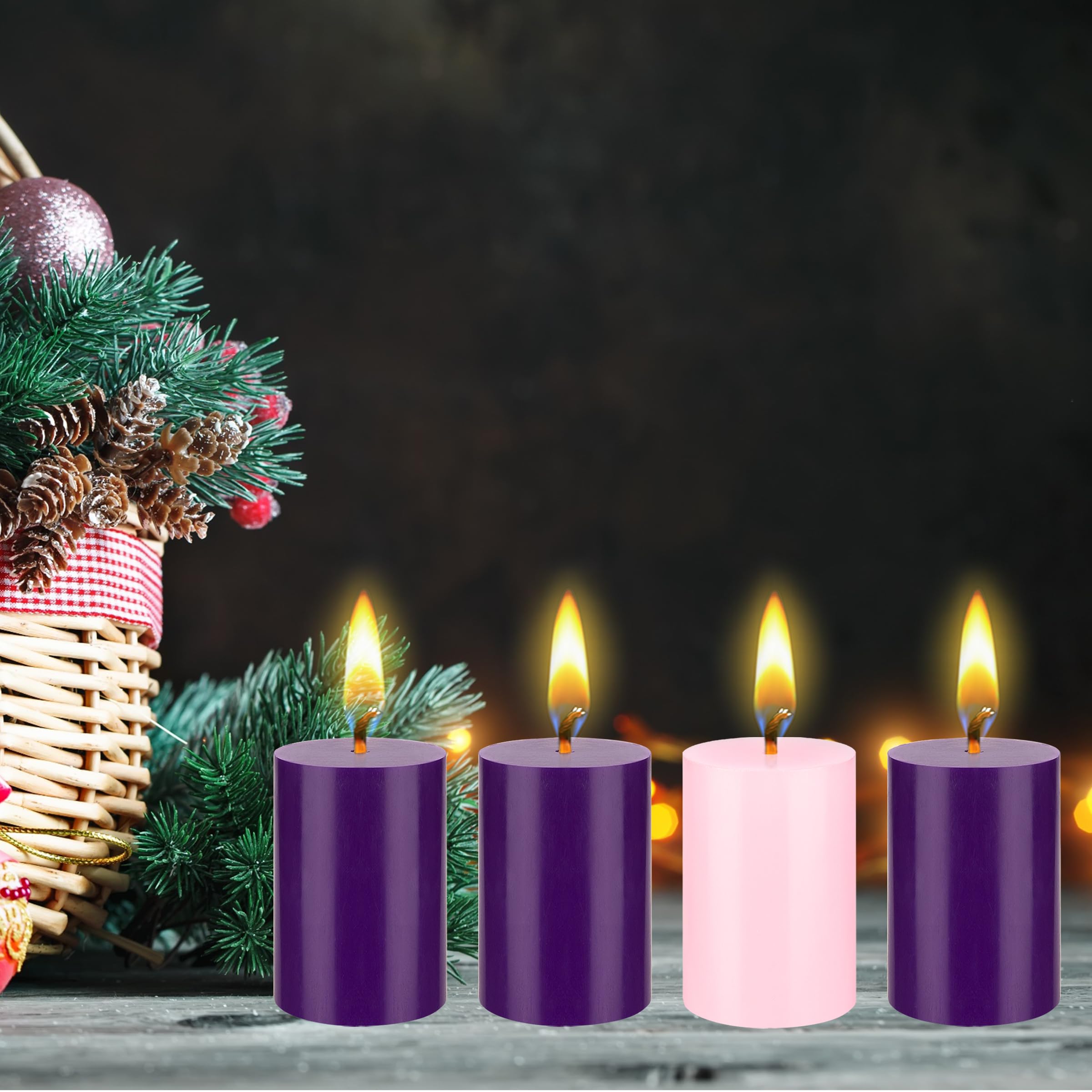 Mega Candles 4 pcs Unscented Christmas Advent Candles Set, Hand Poured Premium Wax Round Pillar Candle 2 Inch x 3 Inch, Holidays, Celebrations, Devotional, Church, Wreath, Party, Gifts