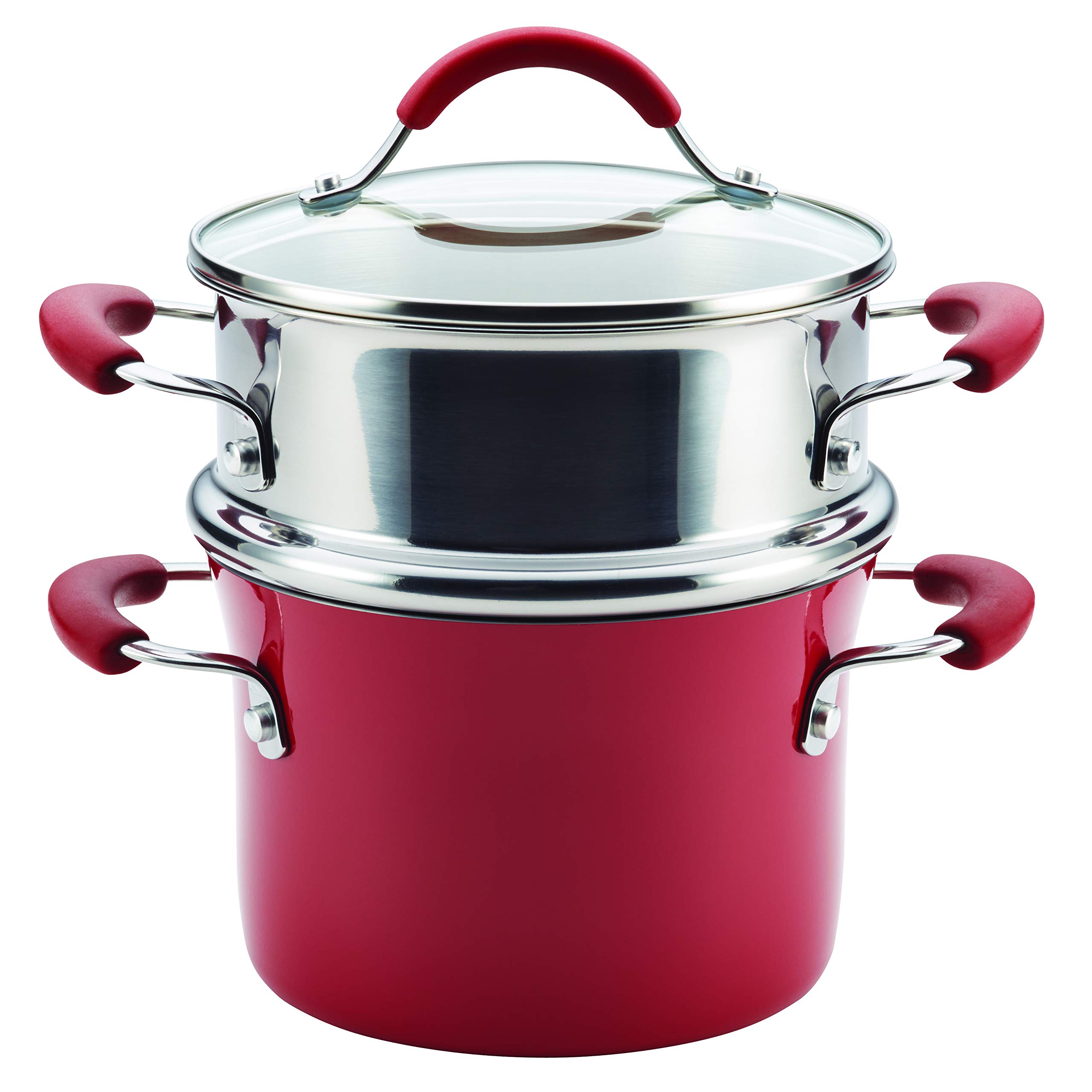 Rachael Ray Cucina Nonstick Sauce Pot/Saucepot with Steamer Insert and Lid, 3 Quart, Cranberry Red