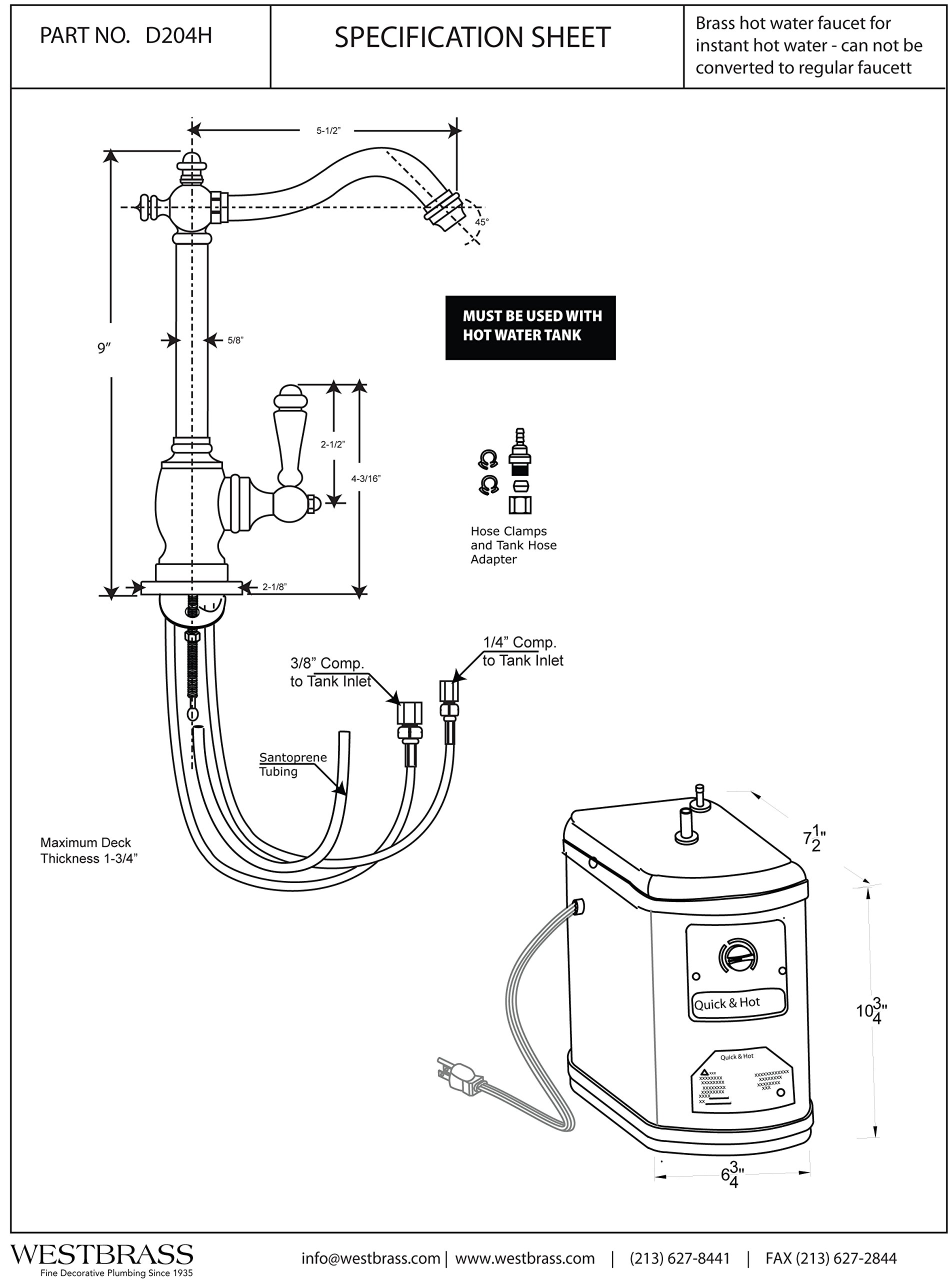 Westbrass D204H-07 Victorian 9" 1-Handle Hot Water Dispenser Faucet with Instant Heating Tank System, Satin Nickel